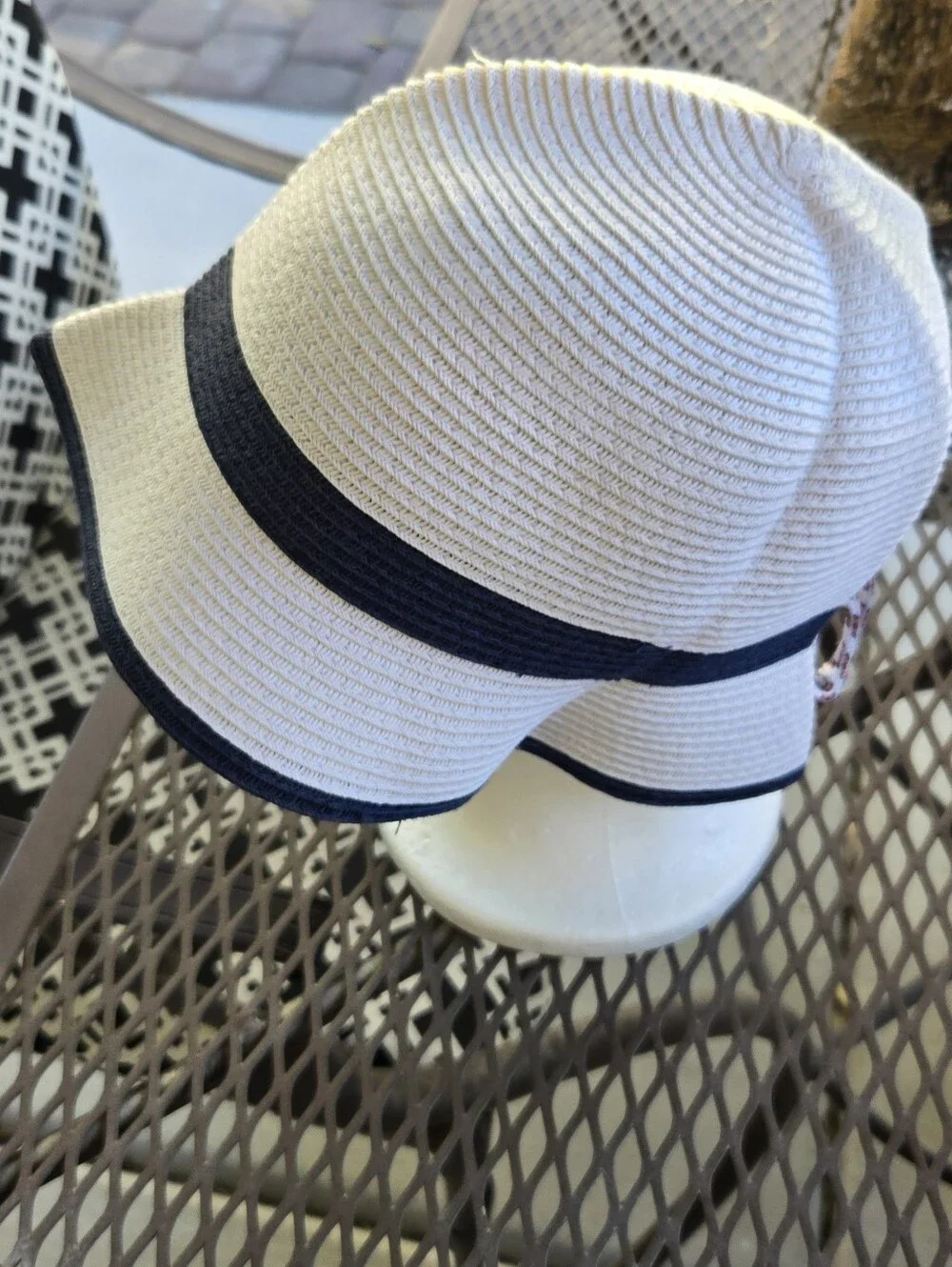 Sunny Dayz White and Navy Straw Cloche Hat